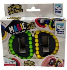 Stressabbau-Spielzeug Magic Rotating Chain von Clown Games mit bunten Perlen und Händen auf der Verpackung.