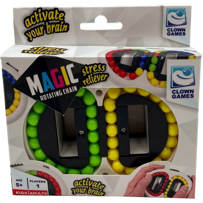 Stressabbau-Spielzeug Magic Rotating Chain von Clown Games mit bunten Perlen und Händen auf der Verpackung.