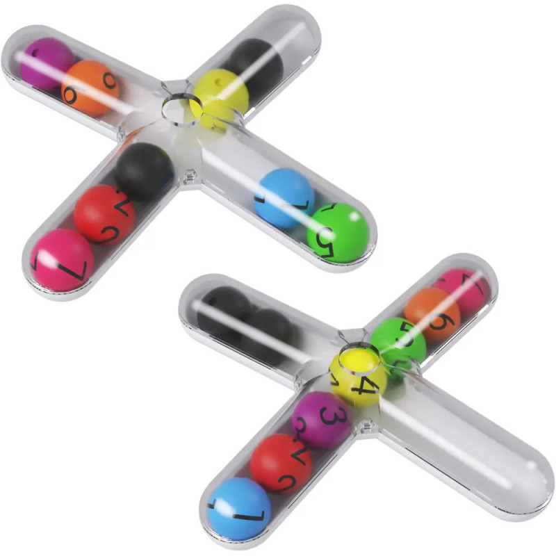 Zwei durchsichtige X-förmige Spiele aus Plastik mit farbigen, nummerierten Kugeln in jedem Arm.