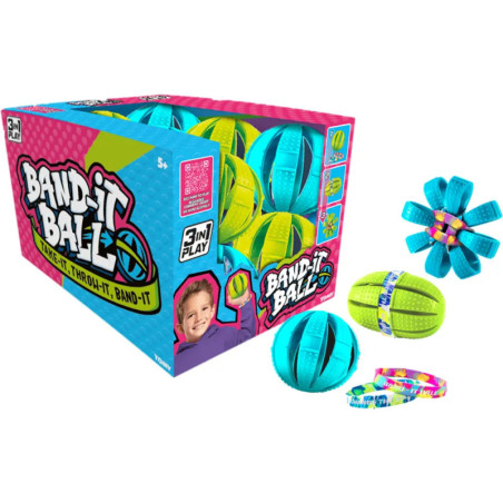 Bandit Ball Spielset: Verpackung mit bunten Bällen (blau, grün, gelb) und lachendem Kind auf der Box.