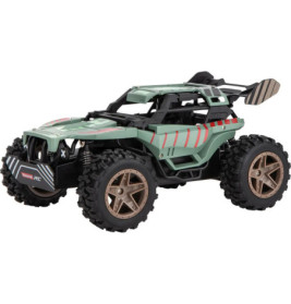 Grünes und schwarzes ferngesteuertes Offroad-Auto mit großen Reifen und bronzefarbenen Felgen, seitlich gesehen.