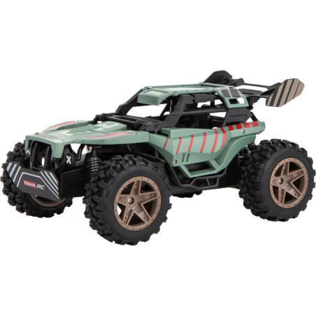 Grünes und schwarzes ferngesteuertes Offroad-Auto mit großen Reifen und bronzefarbenen Felgen, seitlich gesehen.