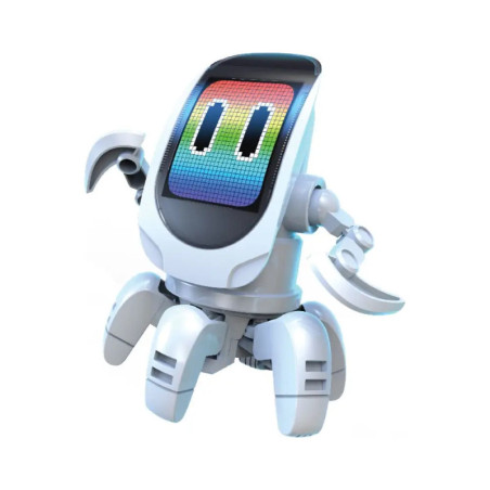 Ein weißer Roboter mit bunter Anzeige, Greifarmen und vier runden Beinen steht vor weißem Hintergrund.