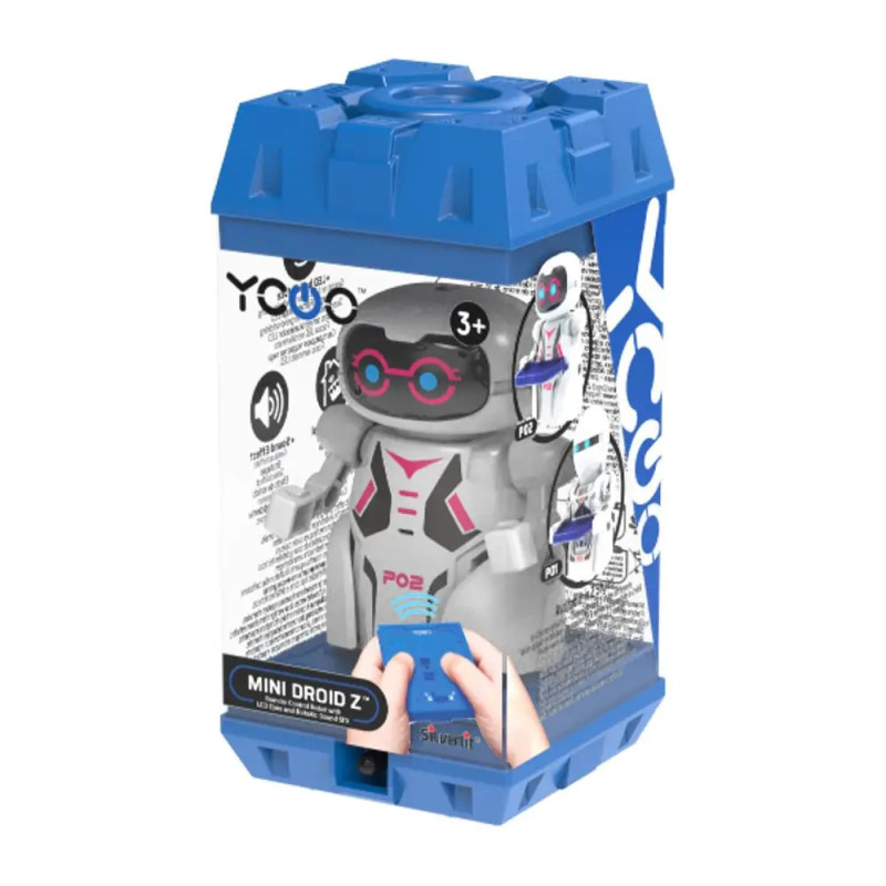 Mini Droid Z: Spielzeugroboter in blauer Verpackung, ab 3 Jahren, mit Ton- und Lichtfunktionen.