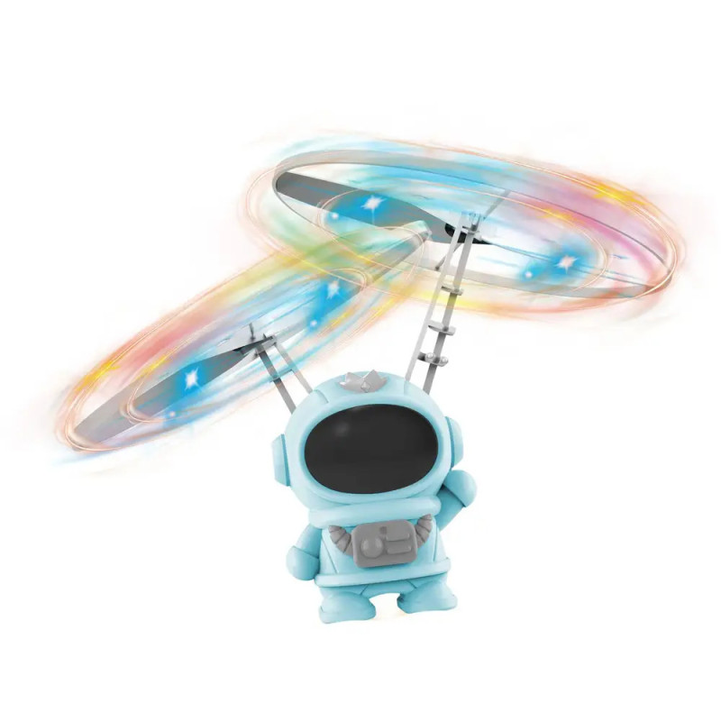 Hellblaues Roboter-Spielzeug mit buntem, rotierendem Propeller am Kopf, schwebend oder fliegend dargestellt. Hellblaues Roboter-Spielzeug mit buntem, rotierendem Propeller am Kopf, schwebend oder fliegend dargestellt.