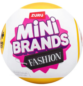 Runde Zuru Mini Brands Fashion Kapsel mit pink-schwarzem Etikett vor weißem Hintergrund.