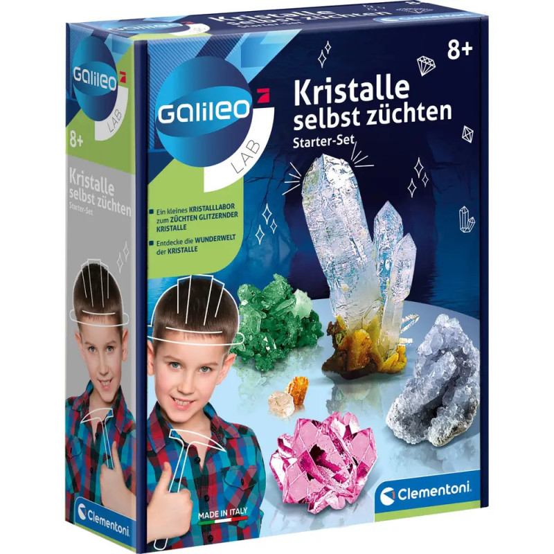 Galileo Lab Kristallzucht-Starterset mit Kristallen und lachendem Jungen auf der Verpackung, ab 8 Jahren geeignet.