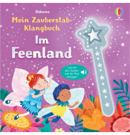 Zwei als Feen verkleidete Kinder sitzen auf Blumen neben einem leuchtenden Zauberstab vor violettem Hintergrund.