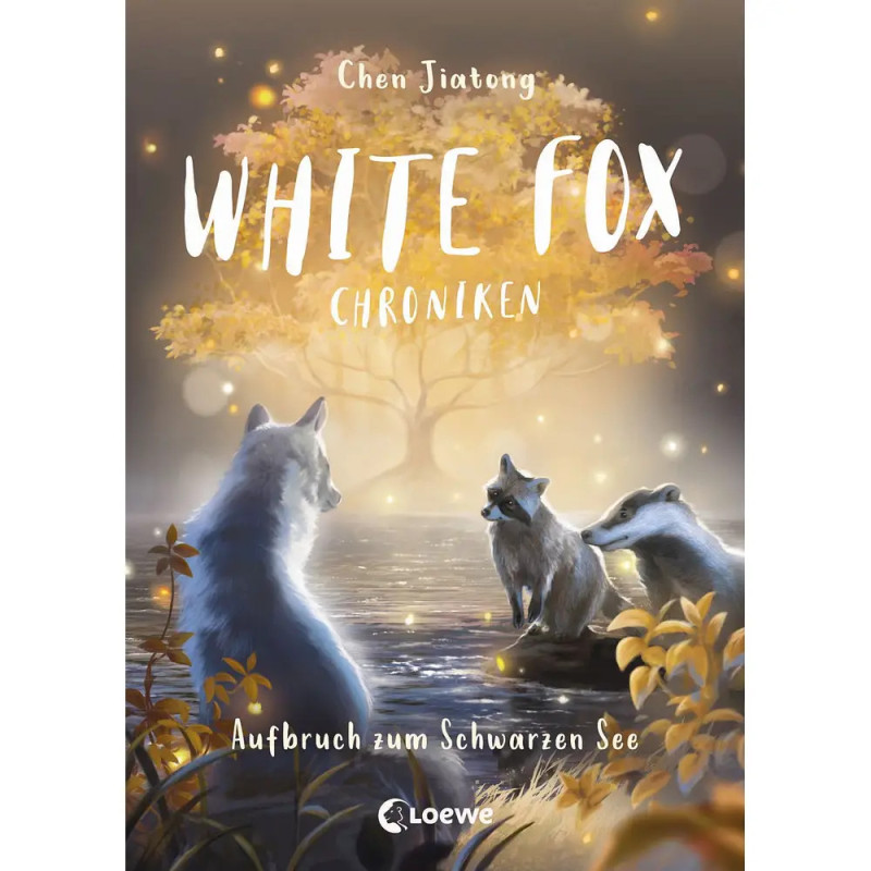 Drei Tiere sitzen bei Sonnenuntergang an einem leuchtenden See vor einem goldenen Baum. Der Buchtitel ist überlagert. Drei Tiere sitzen bei Sonnenuntergang an einem leuchtenden See vor einem goldenen Baum. Der Buchtitel ist überlagert.