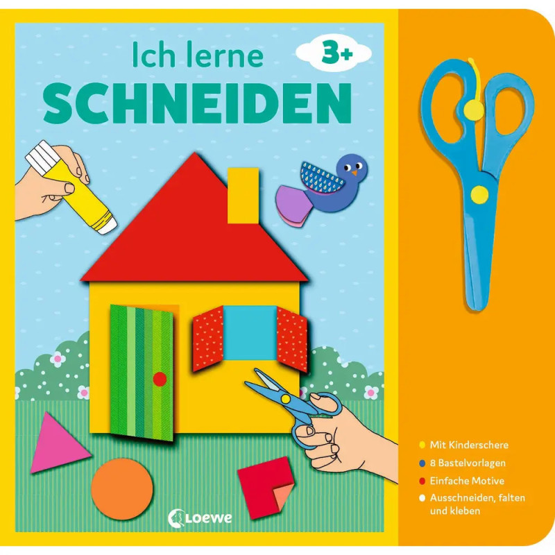 Buchcover mit Schere, Papierhaus und Formen Text: Ich lerne SCHNEIDEN, ab 3 Jahren.