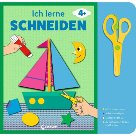 Farbiges Bastelbuchcover: Schere, Segelboot, Klebestift und ausgeschnittene Formen für Kinder ab 4 Jahren.
