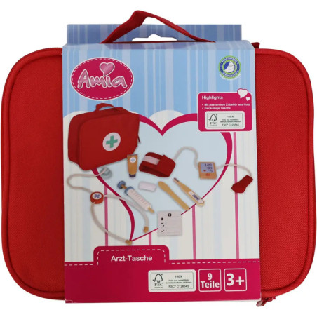 Rotes Arztkoffer-Spielset mit abgebildeten Werkzeugen, geeignet ab 3 Jahren, enthält 9 Teile.
