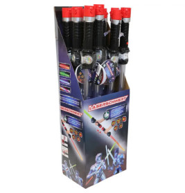 Box mit roten und schwarzen Spielzeug-Laserschwertern, Laserschwert beschriftet, mit Sci-Fi-Grafik und Anleitung.