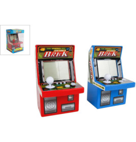 Zwei kleine Spielzeug-Arcade-Automaten, einer rot, einer blau, jeweils mit Joystick und Tasten.