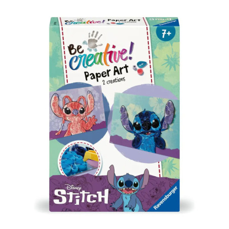 Disney Stitch Paper-Art-Set mit Bildern von zwei bunten Stitch-Motiven und dem Text Be Creative! Papierkunst.