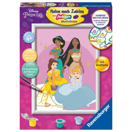 Box eines Disney Prinzessinnen Mal-nach-Zahlen-Sets mit Belle, Cinderella, Jasmin und Pocahontas auf dem Cover.