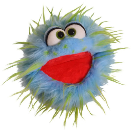 Rundes, blaues Plüschtier mit grünen Stacheln, großen Augen und offenem roten Mund, ähnelt einem Monster.