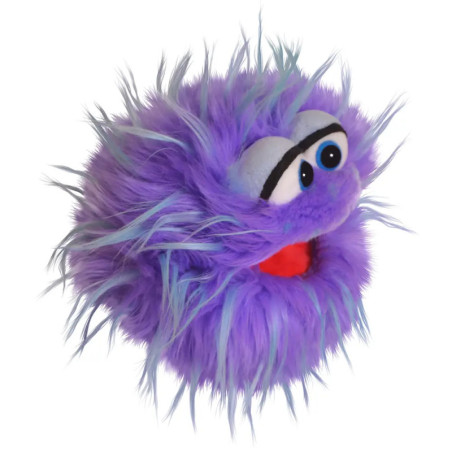 Ein runder, flauschiger lila Handpuppen-Charakter mit blauen Haaren, großen Augen und offenem roten Mund auf Weiß.