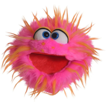 Leuchtend pink-orangefarbige Plüschpuppe mit großen blauen Augen und offenem roten Mund, wirkt fröhlich und verspielt.