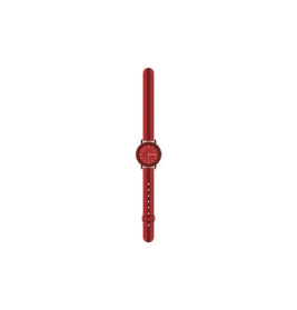 Rote Armbanduhr mit rundem Zifferblatt und passendem Armband vor weißem Hintergrund.