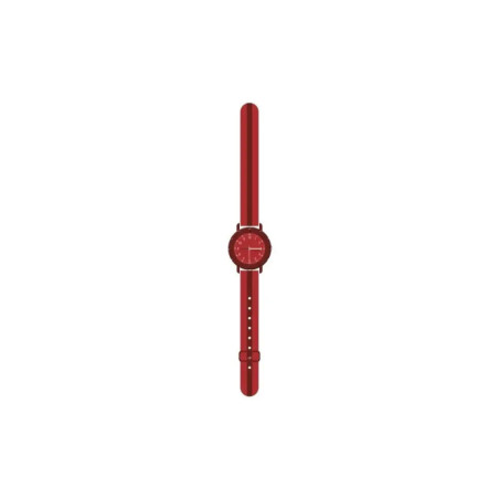 Rote Armbanduhr mit rundem Zifferblatt und passendem Armband vor weißem Hintergrund.