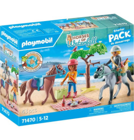 Playmobil Horses of Waterfall Starter Pack mit Figuren, Pferden und Picknickszene am See auf der Verpackung.