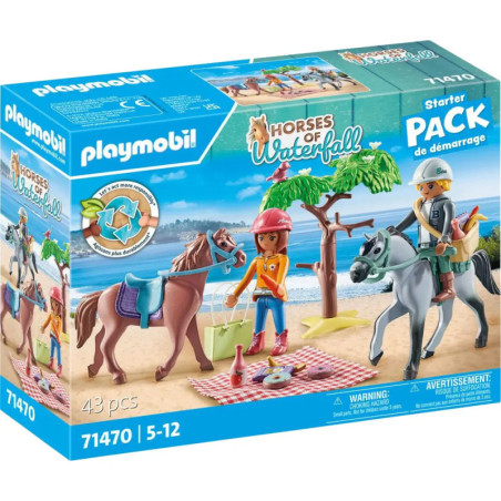 Playmobil Horses of Waterfall Starter Pack mit Figuren, Pferden und Picknickszene am See auf der Verpackung.