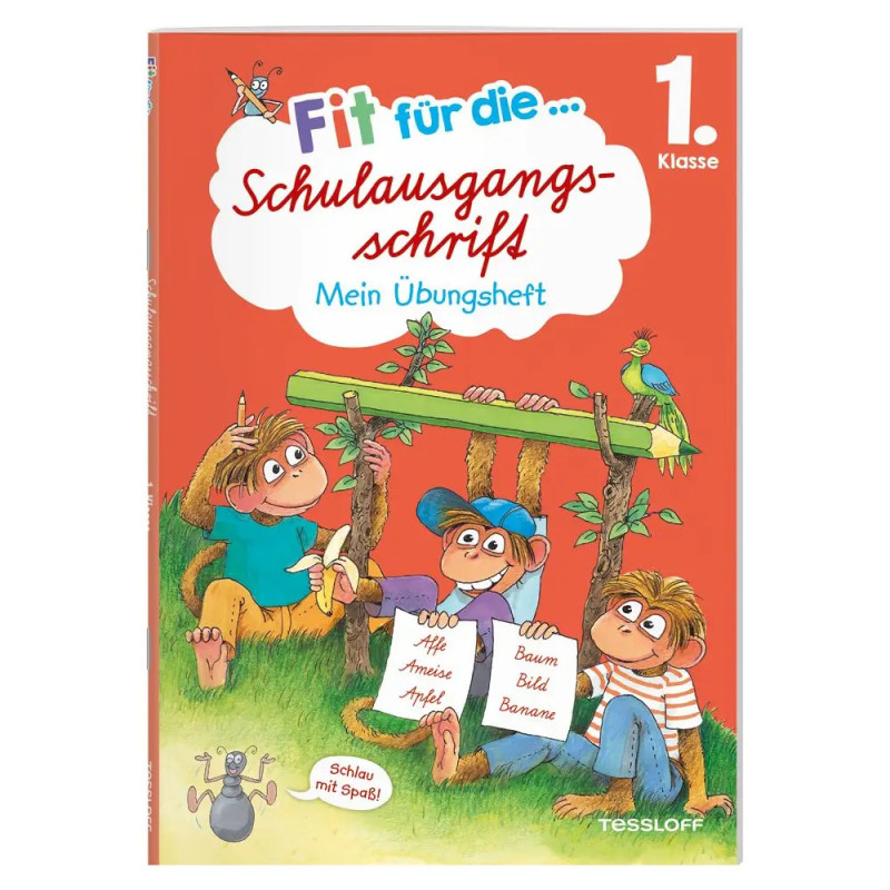 Drei Affen auf rotem Buchcover mit deutscher Schrift und Übungen für die 1. Klasse.