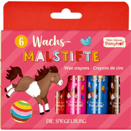Rote Schachtel mit 6 Wachsmalstiften, vorne Pony und Ball, Beschriftung auf Deutsch und Englisch.