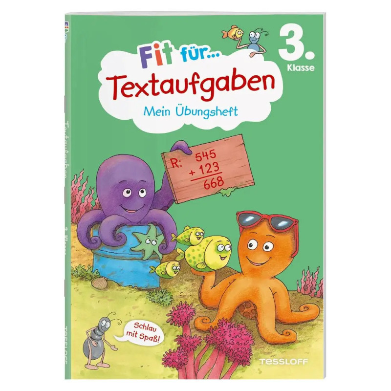 Titelbild eines deutschen Mathehefts für Klasse 3 mit Comic-Oktopussen, Fischen und Rechenaufgaben auf einer Tafel.