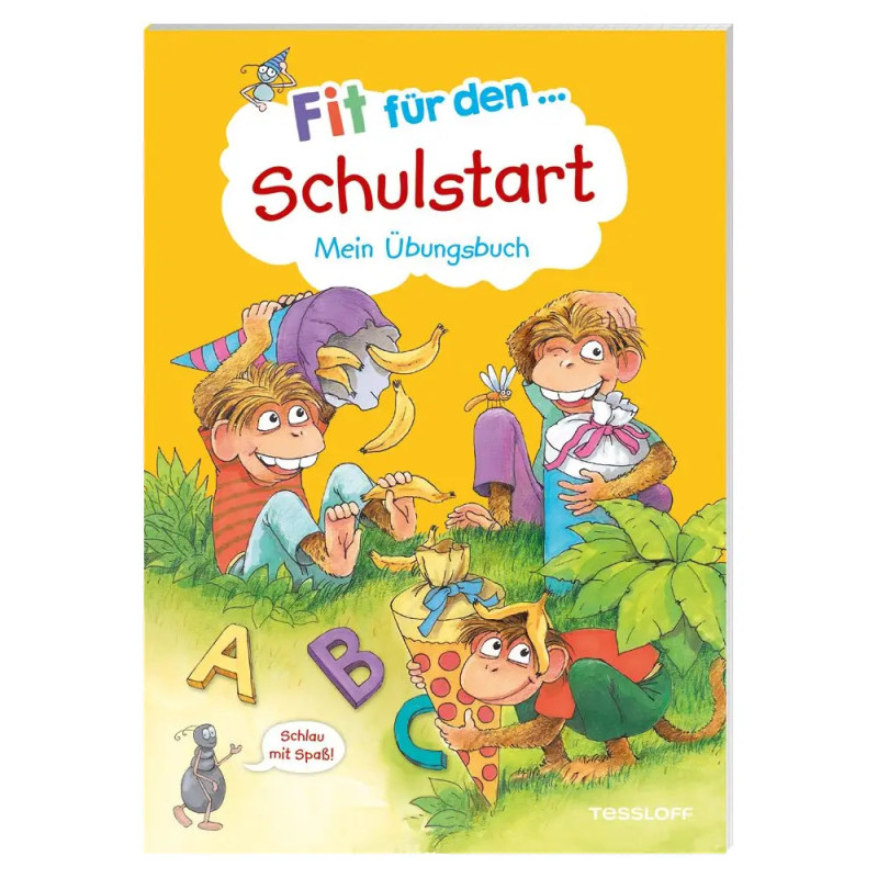 Buntes Kinderbuchcover mit drei spielenden Kindern, ABC-Blöcken und dem Titel Fit für den Schulstart.