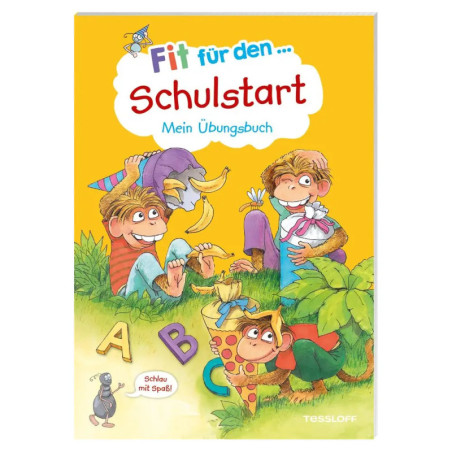 Buntes Kinderbuchcover mit drei spielenden Kindern, ABC-Blöcken und dem Titel Fit für den Schulstart.