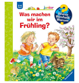 Zwei Kinder laufen durch eine Frühlingswiese mit Blumen, Tieren und Baum deutsches Buchcover für 2- bis 4-Jährige.