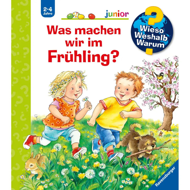Zwei Kinder laufen durch eine Frühlingswiese mit Blumen, Tieren und Baum deutsches Buchcover für 2- bis 4-Jährige.