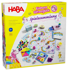 Bunte HABA-Einhorn-Spielbox mit Karten, Edelsteinen, Regenbögen und Spielfiguren für Kinder ab 3 Jahren.
