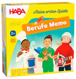 Schachtel eines Kinderspiels mit Koch, Tierarzt und Feuerwehrmann, Titel: Berufe Memo.