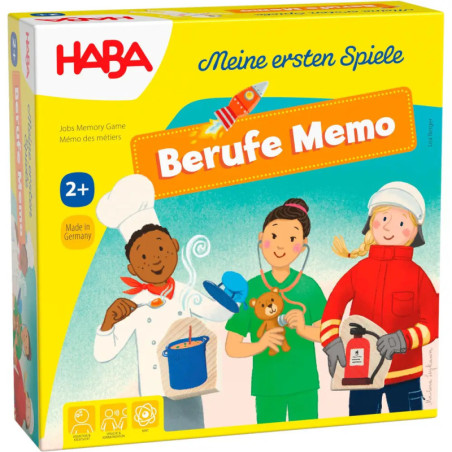 Schachtel eines Kinderspiels mit Koch, Tierarzt und Feuerwehrmann, Titel: Berufe Memo.