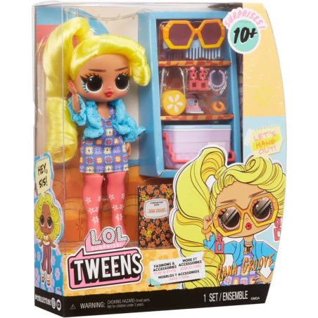 LOL Surprise Tweens Puppe im bunten Outfit mit Zubehör und Spielset in einer farbenfrohen, illustrierten Verpackung.