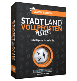 Stadt Land Vollpfosten, Klassische Ausgabe: Brettspielschachtel mit weißem Buchstabenwürfel auf dem Cover.