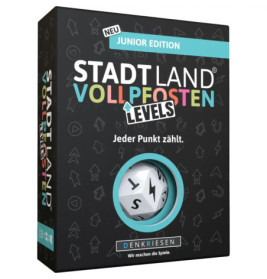 Box der Stadt Land Vollpfosten Levels Junior Edition mit weißem Würfel, schwarzem Hintergrund und buntem Text.