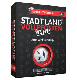 Schwarze Box von Stadt Land Vollpfosten Levels Rotlicht Edition, Partyspiel ab 16 Jahren, mit weißem Würfel.