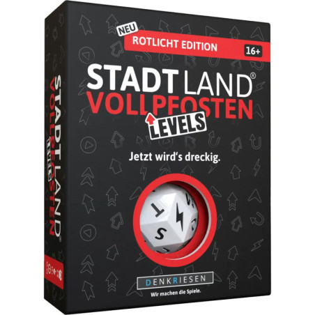 Schwarze Box von Stadt Land Vollpfosten Levels Rotlicht Edition, Partyspiel ab 16 Jahren, mit weißem Würfel.