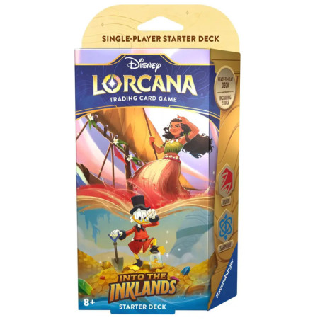 Disney Lorcana Into the Inklands Starterdeck-Box mit Moana und Dagobert Duck auf der Verpackung.