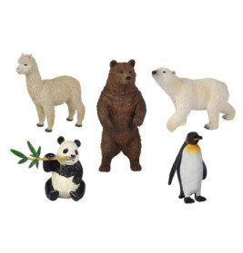 Fünf Tierfiguren - Alpaka, Braunbär, Eisbär, Panda mit Bambus und Pinguin - auf weißem Hintergrund.