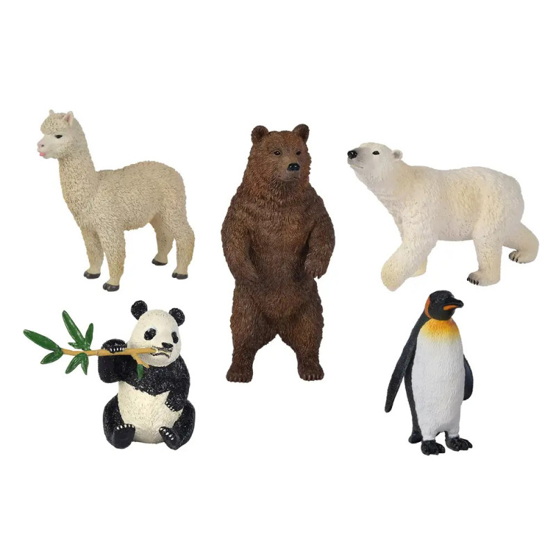 Fünf Tierfiguren - Alpaka, Braunbär, Eisbär, Panda mit Bambus und Pinguin - auf weißem Hintergrund.