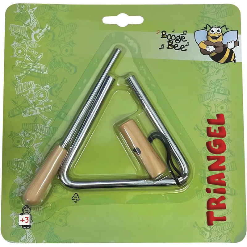 Metall-Triangel mit Schlegel auf grünem Boogie Bee-Karton, beschriftet mit Triangle.
