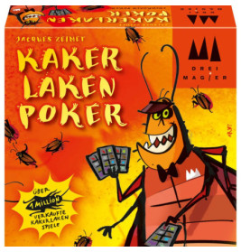 Eine Cartoon-Kakerlake im Anzug hält Karten auf der bunten Spielschachtel von Kakerlaken Poker von Drei Magier.