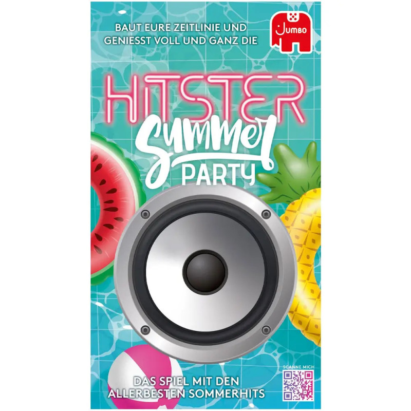 Hitster Summer Party Spielbox mit Lautsprecher, Wassermelone, Ananas und sommerlichem, farbenfrohem Design.