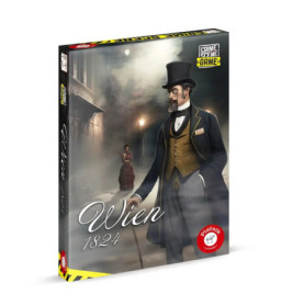 Die Brettspielbox Wien 1824 zeigt einen Mann in viktorianischer Kleidung und eine Frau im nebligen Hintergrund.