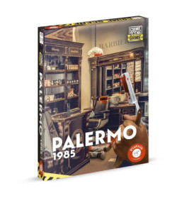 Spielschachtel mit Vintage-Barbershop, einer blutigen Hacke und dem Schriftzug Palermo 1985.